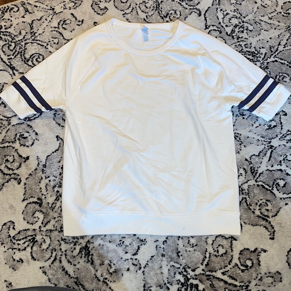 Alternative White Short Sleeve Sweatshirt with Navy Sleeve Stripes